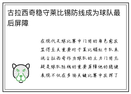 古拉西奇稳守莱比锡防线成为球队最后屏障 古拉西奇稳守莱比锡防线成为球队最后屏障