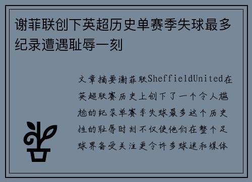 谢菲联创下英超历史单赛季失球最多纪录遭遇耻辱一刻